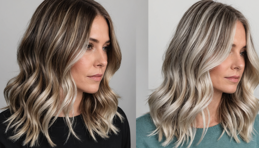 découvrez comment réussir la transition du balayage inversé entre cheveux bruns et cheveux blancs pour un résultat naturel et élégant.